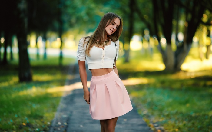 blouses, Sergey Baryshev, Elena Butusova, women, straight hair, model, long hair, pink skirt, blonde, depth of field, women outdoors