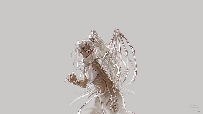 Anime girl with white hair and skeletal wings