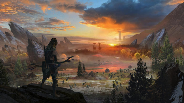 Horizon Zero Dawn: Aloy surveys a misty valley at sunset