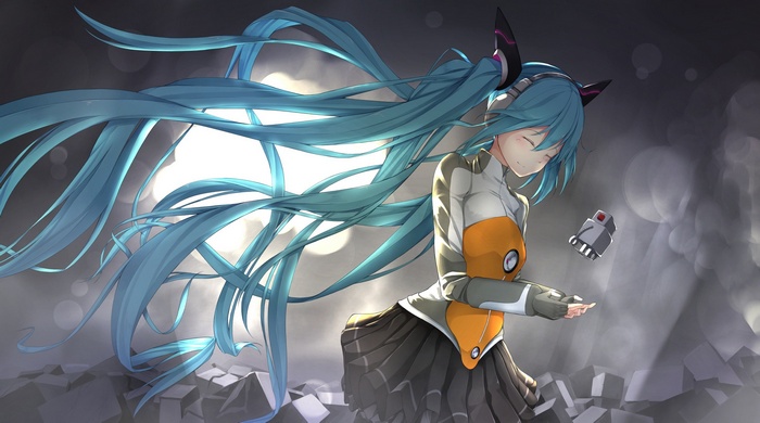 Hatsune Miku with long blue hair and a grey and orange outfit