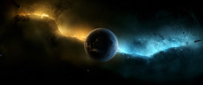 Planet in a colorful nebula in deep space