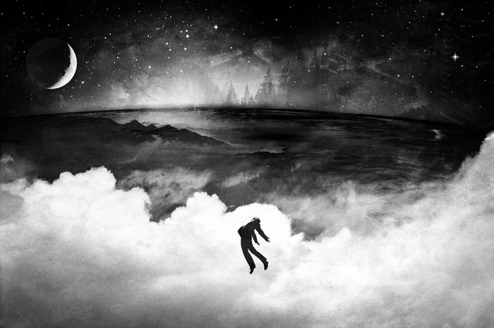 Man falling through clouds under a crescent moon and stars