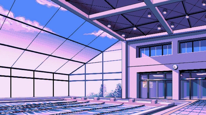 Pixel art indoor swimming pool with glass ceiling
