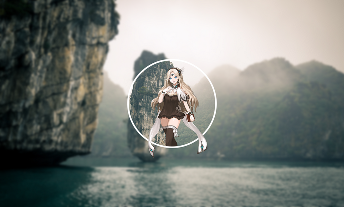 Anime girl in a circle with mountains and water