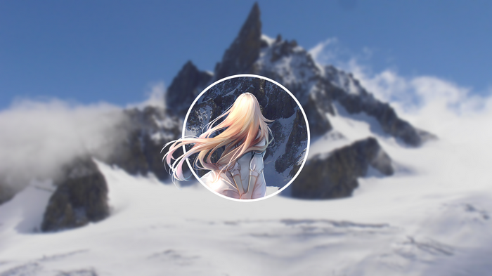Anime girl with blonde hair in front of snowy mountains
