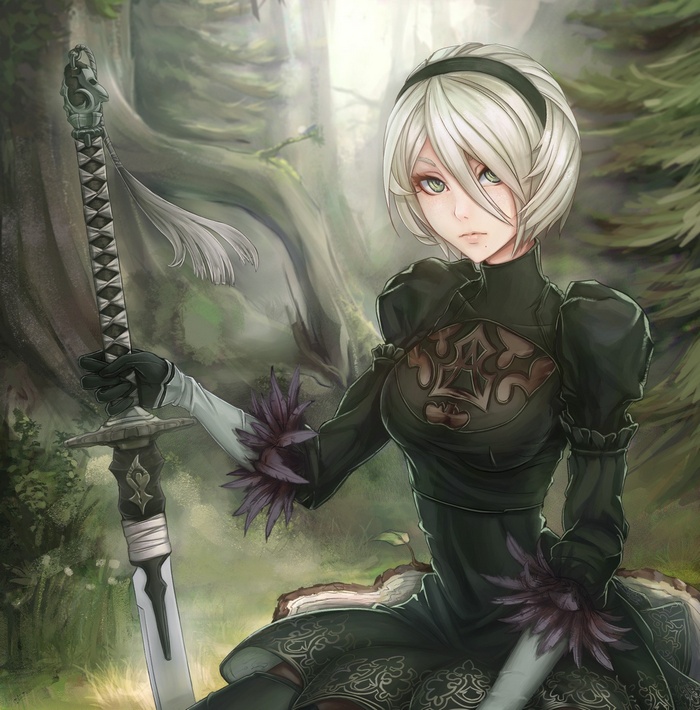 2B from NieR: Automata with a sword in a forest