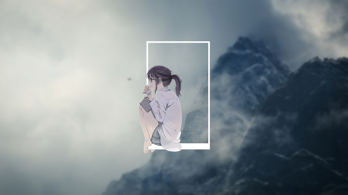 Anime girl sitting in a frame with mountains in the background