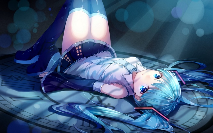 Hatsune Miku lying on a clock face