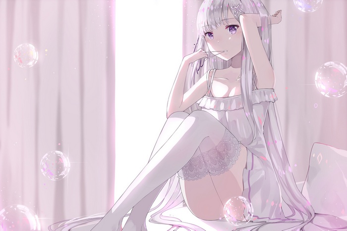 Emilia in white dress with thigh-highs and bubbles