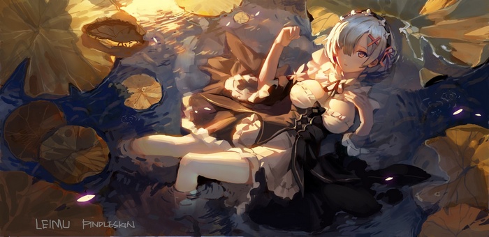 Rem from Re:Zero in water with lotus leaves