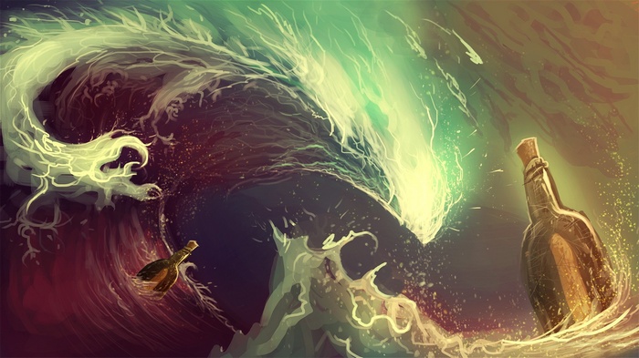 A bottle floats in a stormy sea with a dragon-like wave