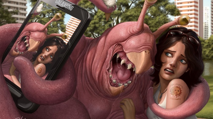 Woman taking a selfie with a pink alien monster
