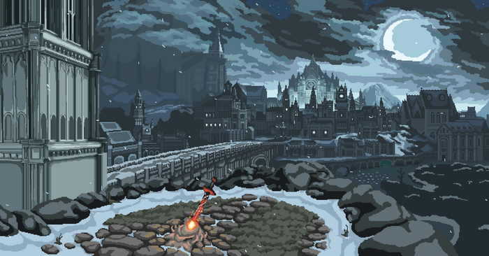 night, Moon, clouds, rock, Dark Souls III, house, Dark Souls 3 - Irithyll of the Boreal Valley, town, digital art, landscape, nature, pixel art, pixelated, pixels, video games, stones, fan art, sword