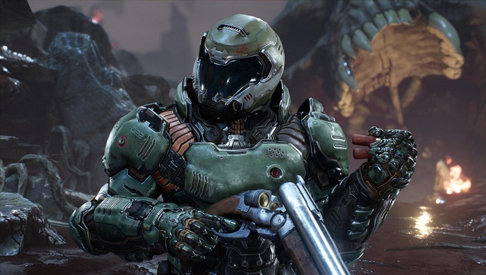 Doom Slayer Reloading Shotgun in Hell