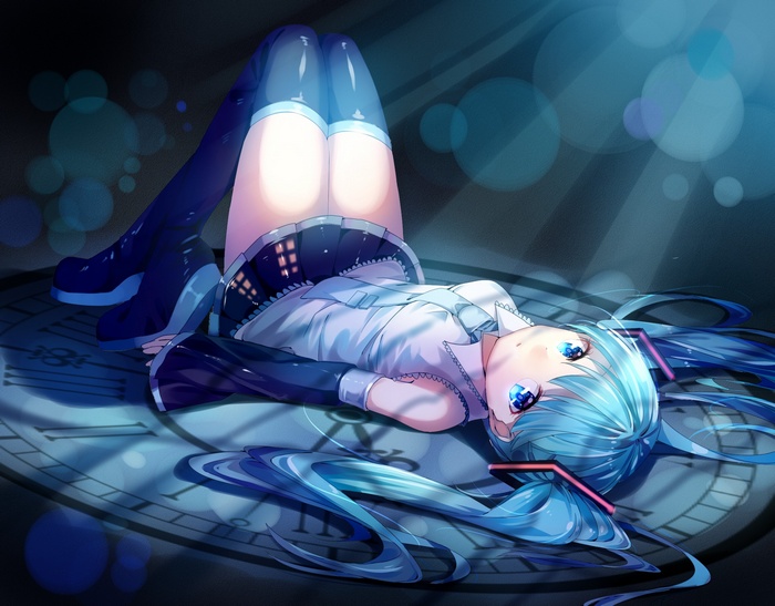 Hatsune Miku lying on a clock face