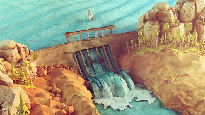 Low poly dam with waterfall and sailboat