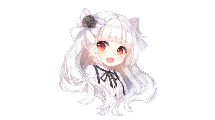 Anime girl with white hair and red eyes wearing a bow