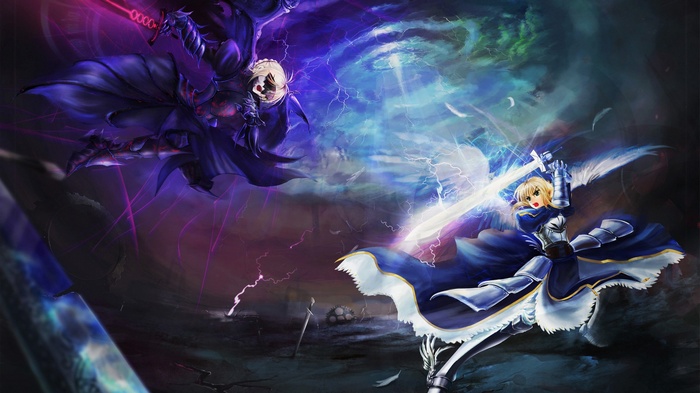 Saber and Saber Alter fighting with swords