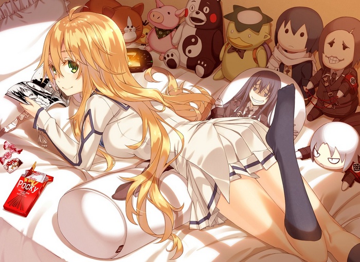 Dies Irae blonde girl in school uniform on bed with plush toys