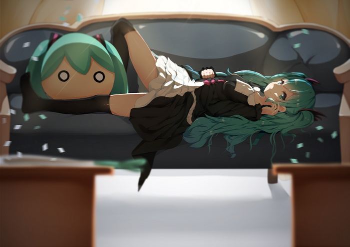 Hatsune Miku lying on a couch with a plushie