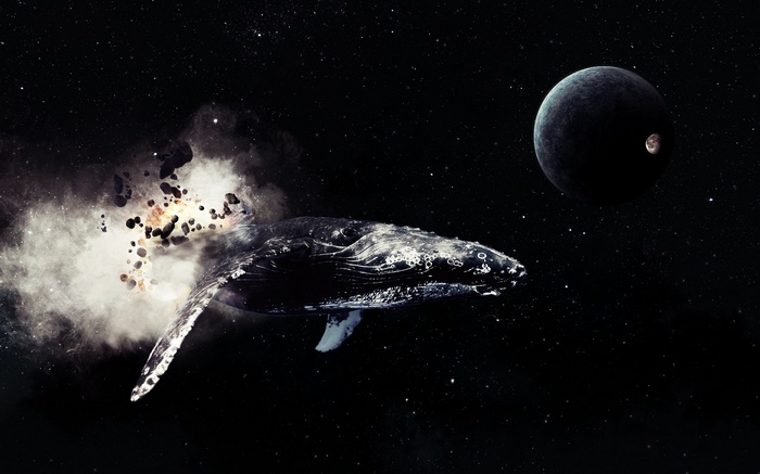 Whale swimming through space near a planet and asteroids