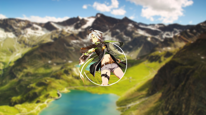 Anime character in a circle with mountains and lake