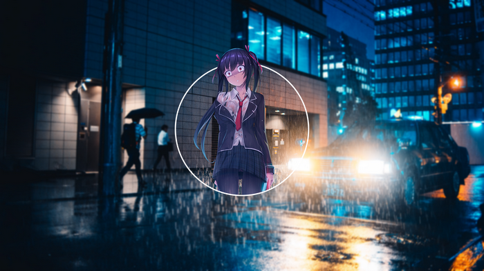 Anime girl in a circle on a rainy city street