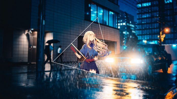 Anime girl with sword in rainy city