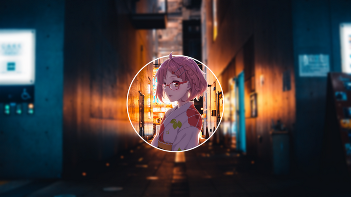 Anime girl in kimono with glasses in alley
