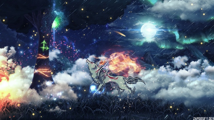Okami wolf under the moon and aurora