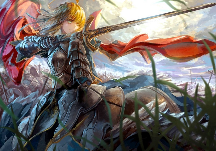 Saber with a sword on a battlefield