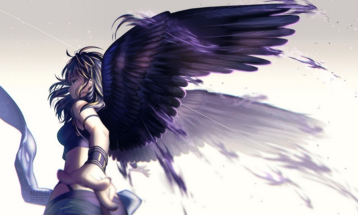 Anime girl with large dark wings reaching out