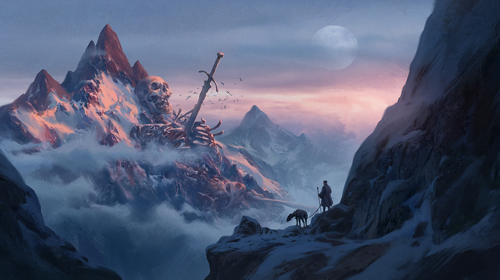 Giant skeleton and sword on a snowy mountain peak