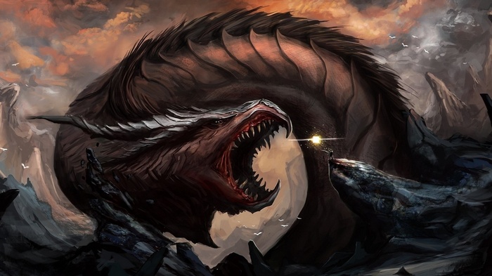 A dragon attacks a warrior in a rocky landscape