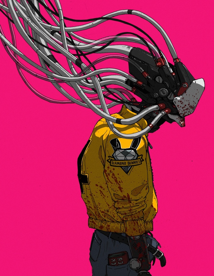 Cyberpunk android with wires and yellow jacket