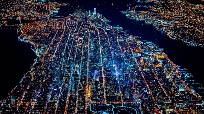 Aerial night view of Manhattan, New York City