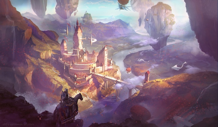 Fantasy castle on floating islands with a knight on horseback