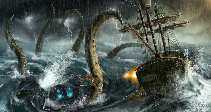 Sailing ship attacked by kraken in a storm