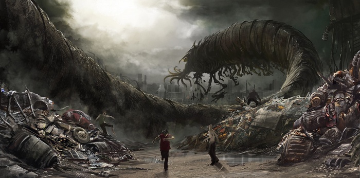 Giant creature attacks a ruined cityscape with people running