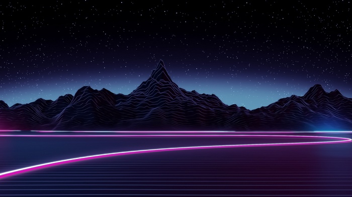 Neon digital art landscape with mountains and stars