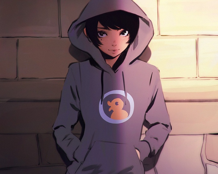 Anime girl in a grey hoodie with a duck logo