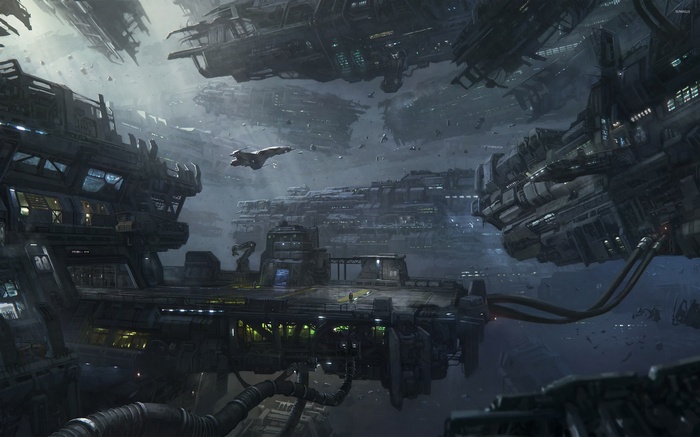 Star Citizen fan art of a space station and ships