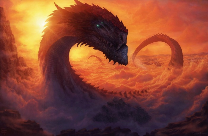 Dragon emerging from clouds at sunset