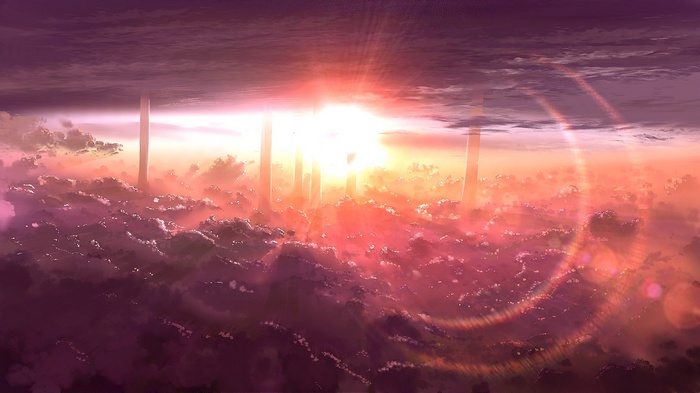 Artwork of a sunset over clouds with tall structures