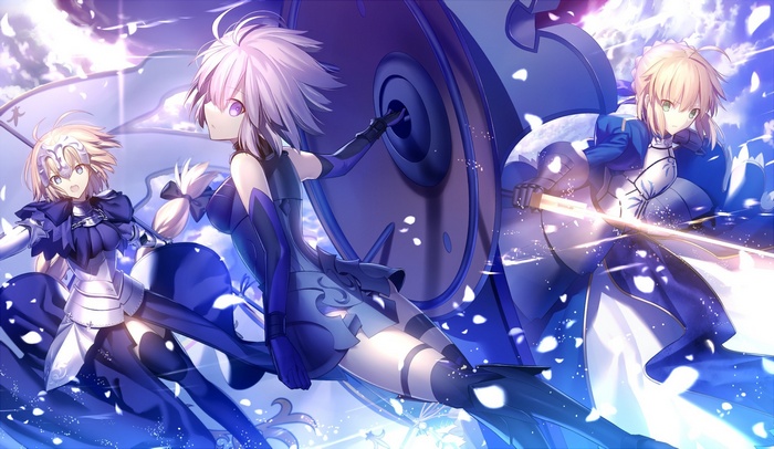blue eyes, sword, Saber, violet eyes, FateStay Night, gloves, blue hair, green eyes, violet hair, armor, short hair, headdress, boots, blonde, weapon, Ruler (FateGrand Order), Shielder (FateGrand Order), thigh-highs