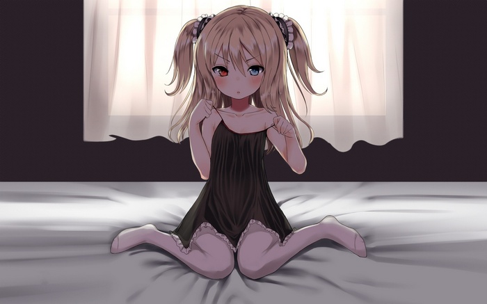 heterochromia, blonde, loli, Hasegawa Kobato, Boku wa Tomodachi ga Sukunai, cleavage, hair bows, bed
