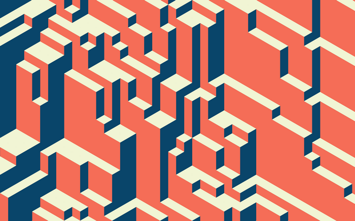 Abstract 3D isometric blocks in red, blue, and cream