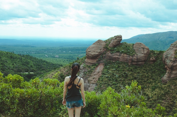 Woman with ponytail looking at a mountain landscape