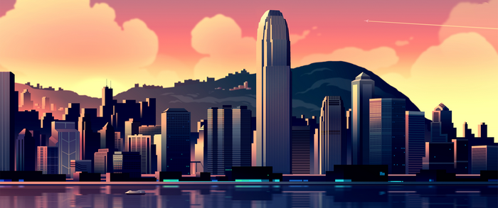 Digital art cityscape with mountains and water at sunset