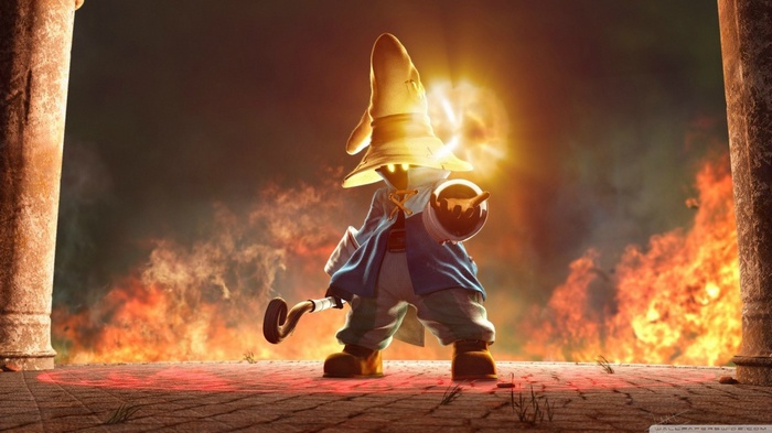 Vivi from Final Fantasy IX casting magic with fire in background